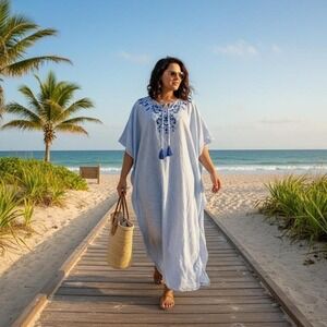 National blue and white striped embroidered maxi dress with tassels S to XXL